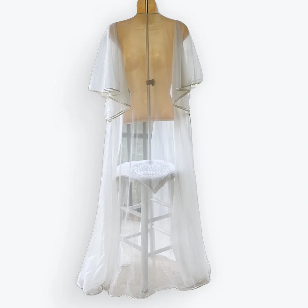 Vintage White Sheer Duster Lagenlook Feminine Layer With Cape Flutter Sleeves~ M - Picture 6 of 11
